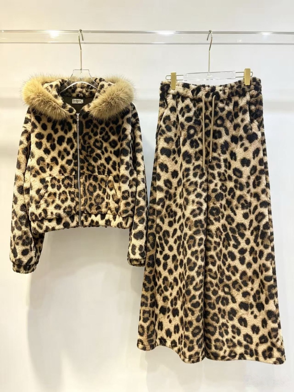 YSL Leopard Print Faux Fur Hooded Jacket & Skirt Set - Beige/Brown